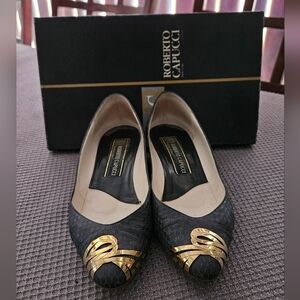 Vintage Navy Blue and Gold Women's Shoes